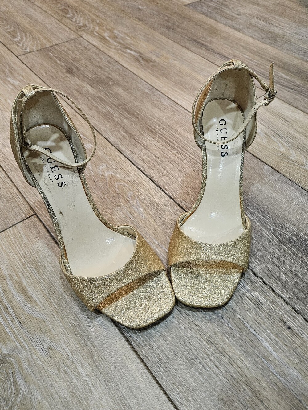 GUESS Gold Glitter Ankle-Strap Heels for Women Size 8